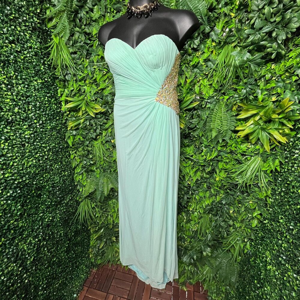 Women Dress‎ 12 Aqua Blue Formal Gown Pleated Beaded Sequin Royal Queen 1086